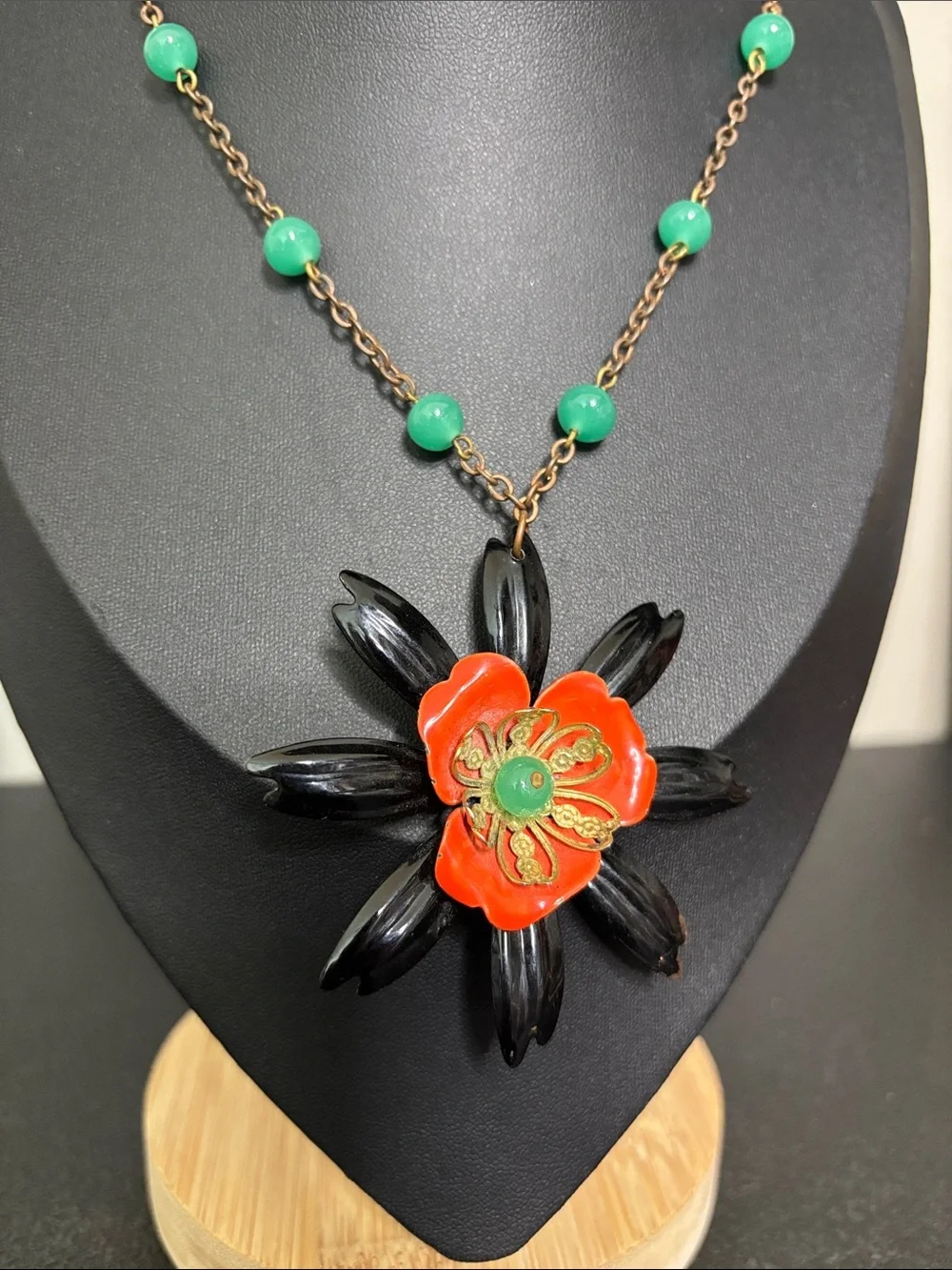 Vintage Metal Handcrafted Red Flower Pendant Necklace Green Accents